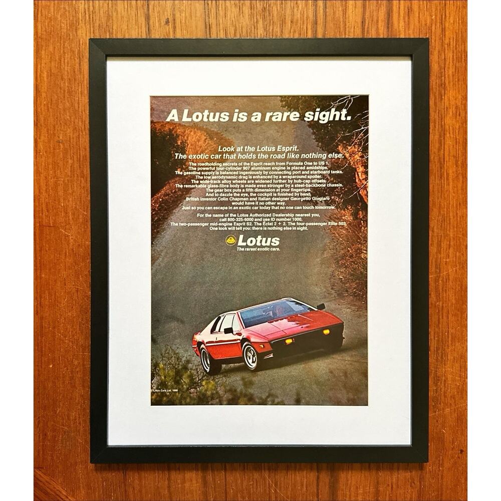 Framed 1980 Lotus Esprit Print Ad from New Yorker Magazine